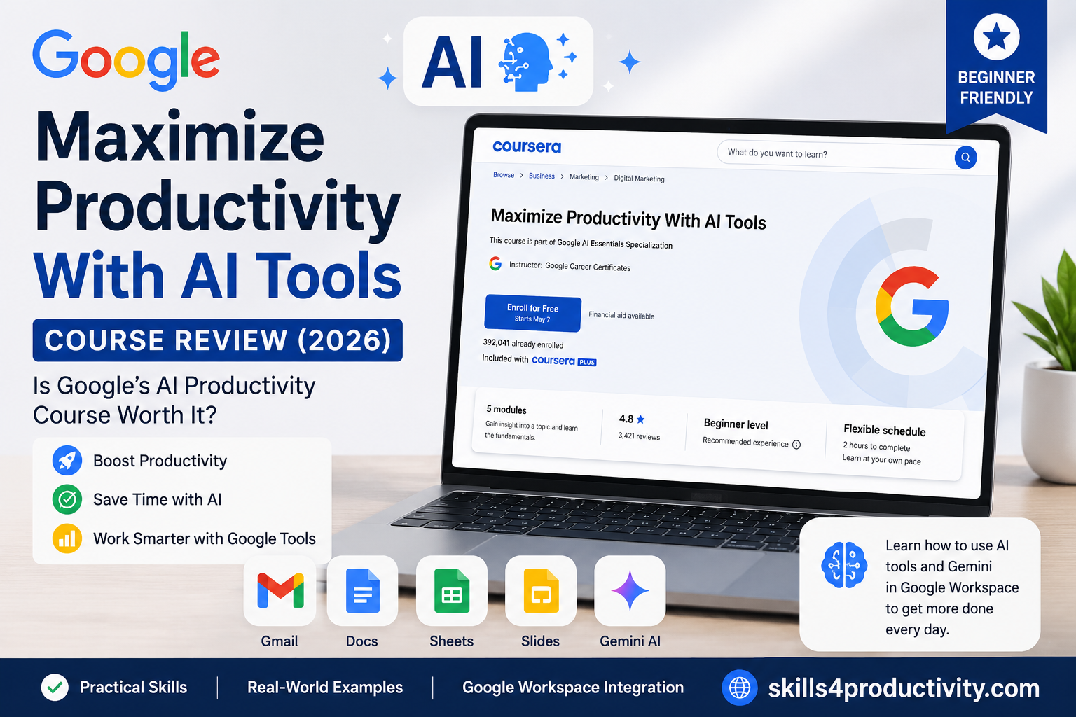 Featured image for Google’s Maximize Productivity With AI Tools course review on Coursera showing AI productivity tools, Google Workspace apps, and beginner-friendly AI learning