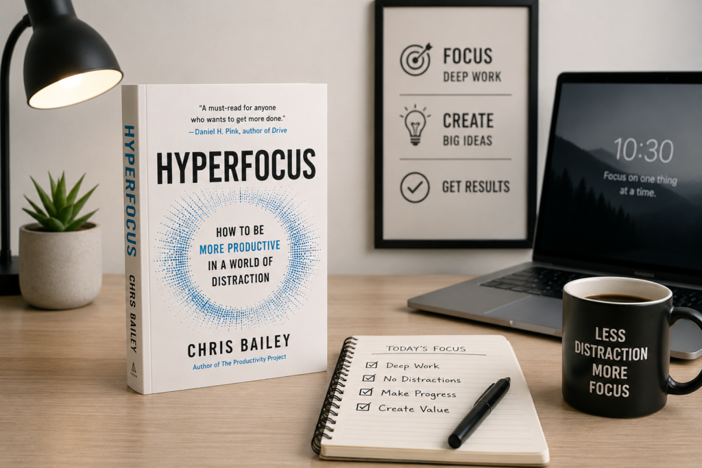 Hyperfocus book by Chris Bailey on a productivity workspace illustrating focused attention and reduced distractions