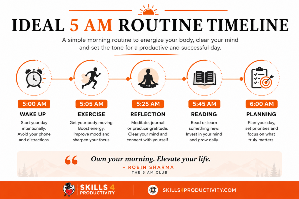 Ideal 5 AM morning routine timeline infographic inspired by The 5 AM Club showing wake up, exercise, reflection, reading, and planning schedule
