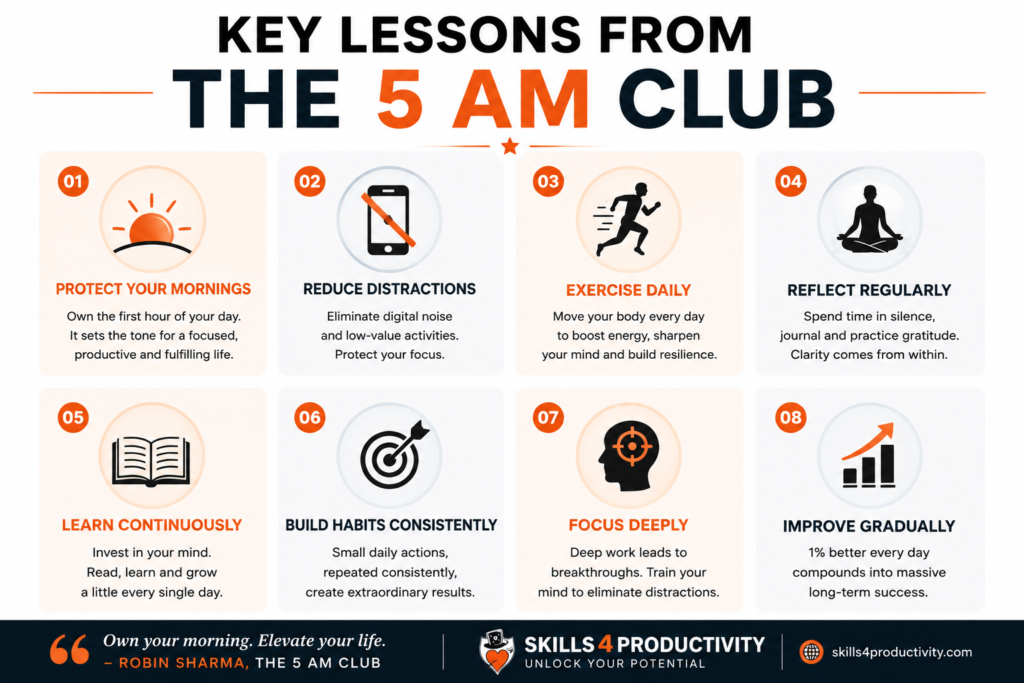 Key lessons from The 5 AM Club infographic showing morning routines, focus, habit building, reflection, productivity, and self-improvement principles by Robin Sharma