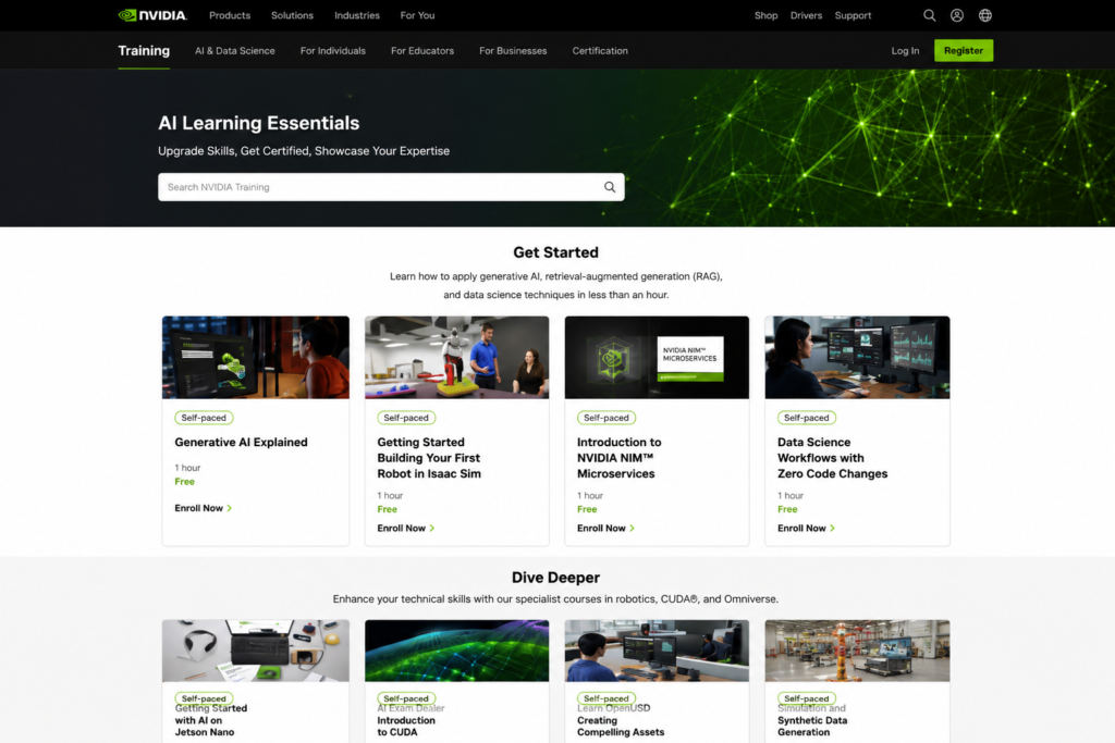 NVIDIA AI Learning Essentials dashboard showing free self-paced AI courses