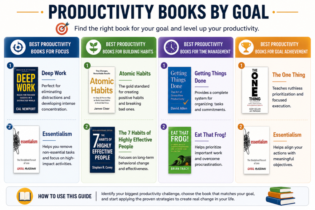 Productivity books by goal infographic featuring Deep Work, Essentialism, Atomic Habits, The 7 Habits of Highly Effective People, Getting Things Done, Eat That Frog, and The One Thing organized by focus, habits, time management, and goal achievement.