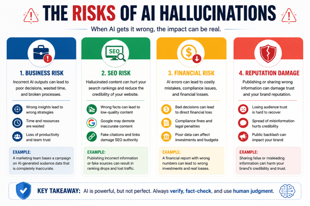 Infographic showing the major risks of AI hallucinations including business risk, SEO risk, financial loss, and reputation damage