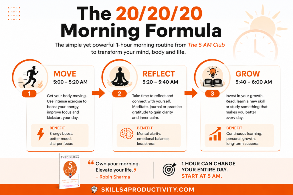 The 20/20/20 Morning Formula infographic from The 5 AM Club by Robin Sharma showing Move, Reflect, and Grow morning routine structure