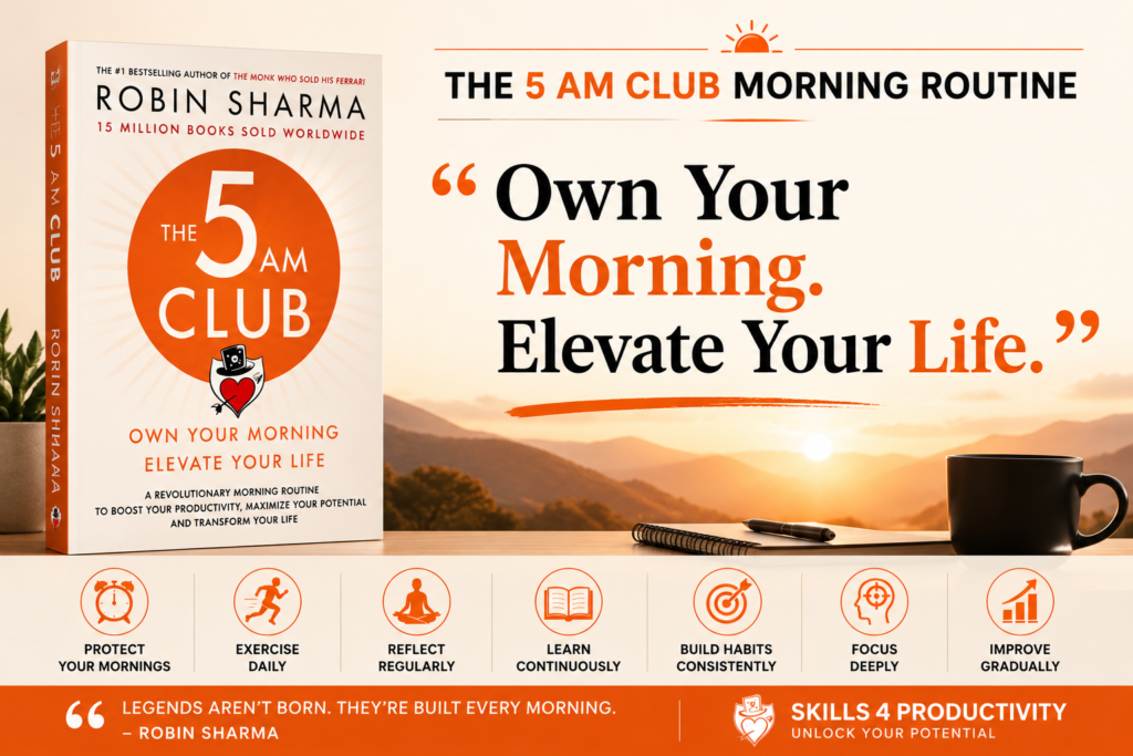 The 5 AM Club morning routine banner featuring Robin Sharma’s book cover and the quote “Own Your Morning. Elevate Your Life.