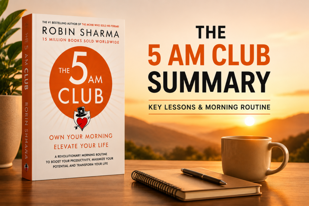 The 5 AM Club Summary featured image with Robin Sharma book cover, sunrise background, and morning routine workspace