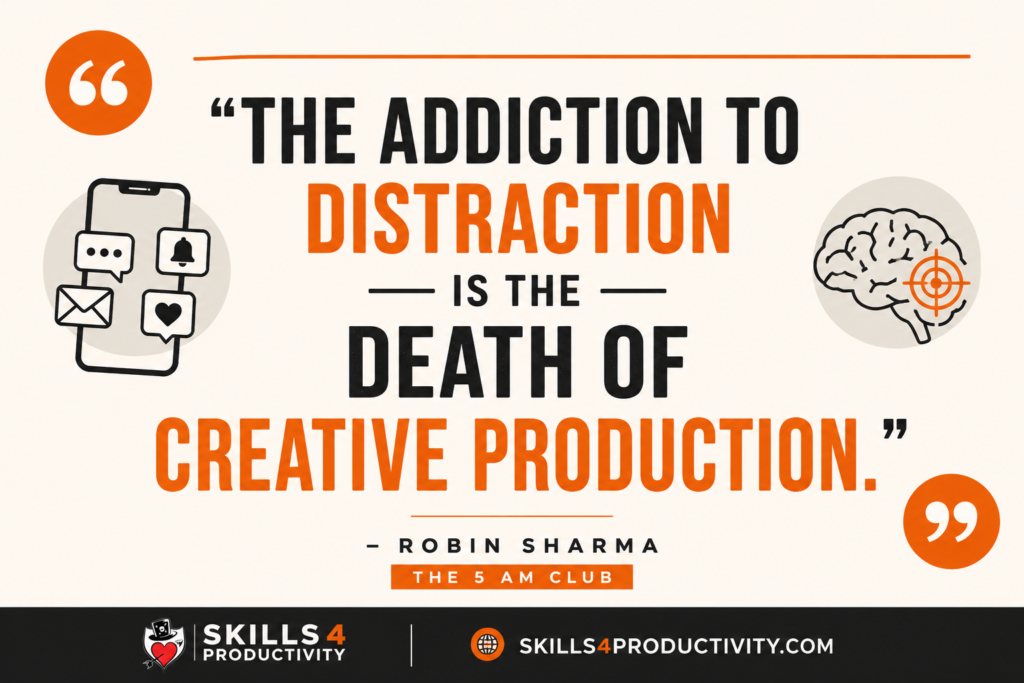 The addiction to distraction is the death of creative production quote by Robin Sharma from The 5 AM Club