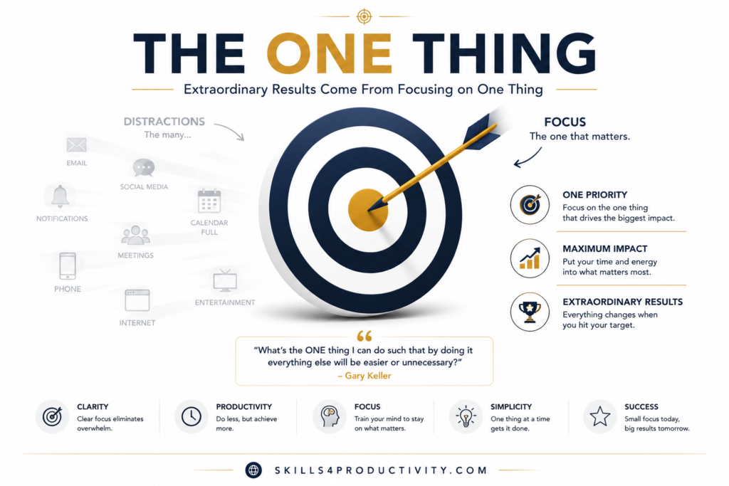 The One Thing infographic showing a target with a single arrow hitting the center while distractions fade into the background, illustrating focus, prioritization, and goal achievement.