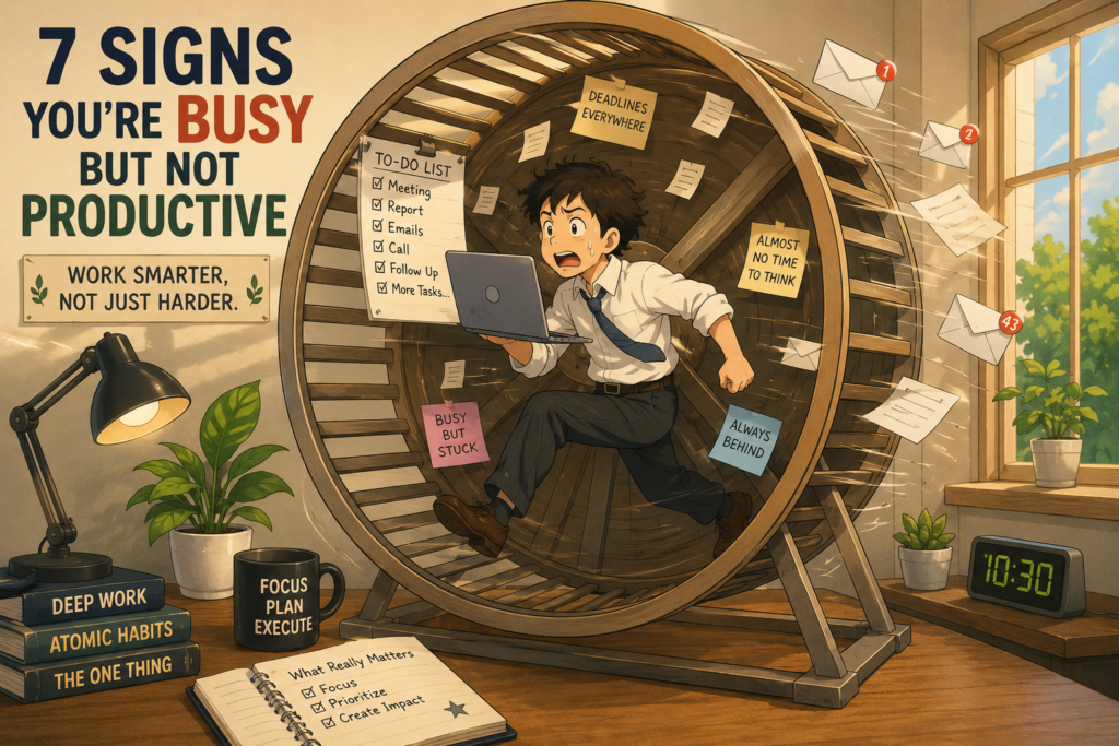 Studio Ghibli-inspired illustration showing an overwhelmed office worker running inside a giant hamster wheel while carrying a laptop. Papers, emails, and an overflowing task list surround him, representing the trap of being busy without making real progress.