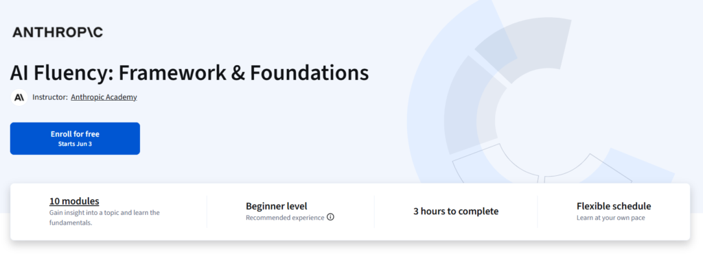 AI Fluency Framework and Foundations course on Coursera by Anthropic Academy showing course duration, beginner level, and 10 learning modules.