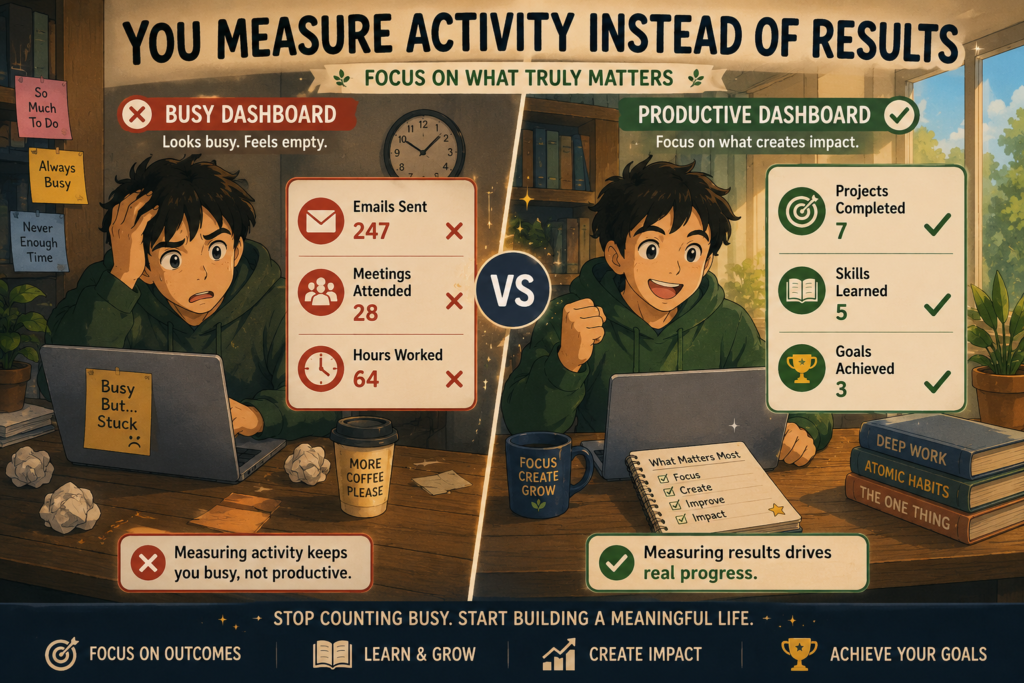 Ghibli-style productivity illustration showing two dashboards. One side represents a busy worker tracking emails sent, meetings attended, and hours worked, while the other side shows a confident worker tracking projects completed, skills learned, and goals achieved.