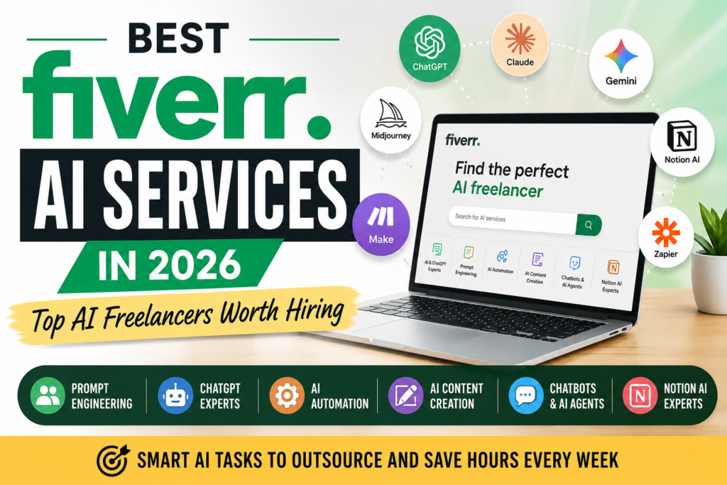 Best Fiverr AI Services in 2026 featuring prompt engineering, ChatGPT experts, AI automation specialists, chatbots, and productivity freelancers.