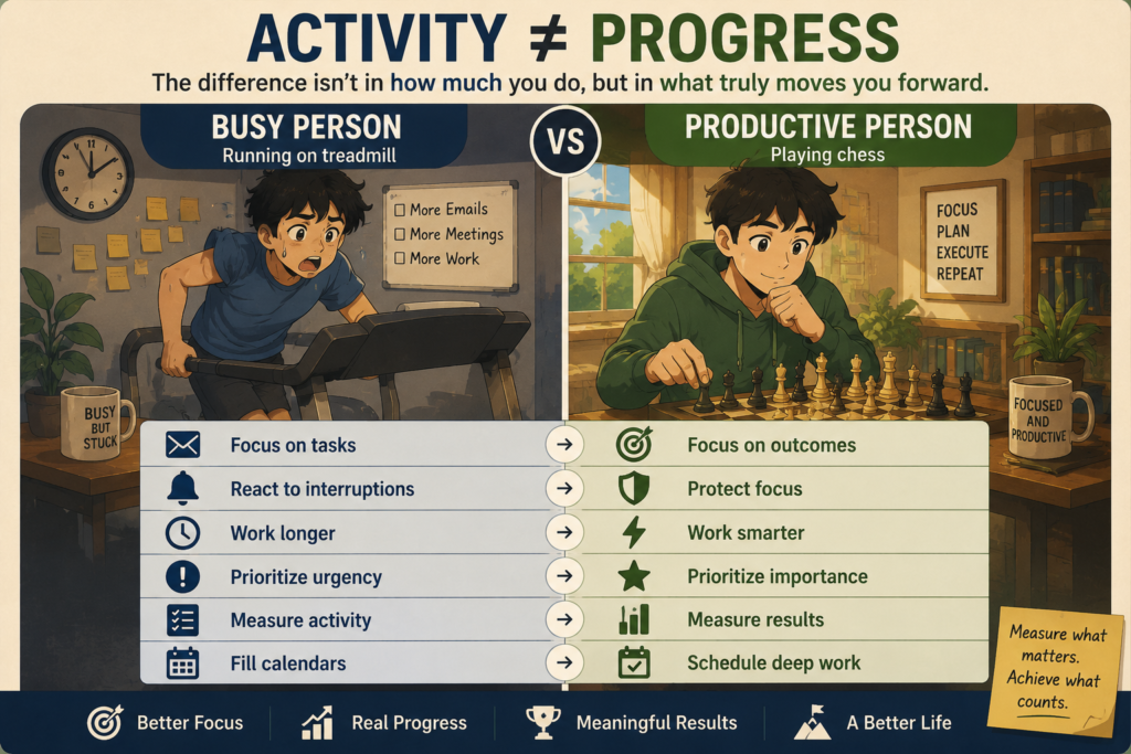 Studio Ghibli-style productivity illustration comparing a busy person running on a treadmill with a productive person thoughtfully playing chess. The image highlights the difference between focusing on tasks and focusing on outcomes.