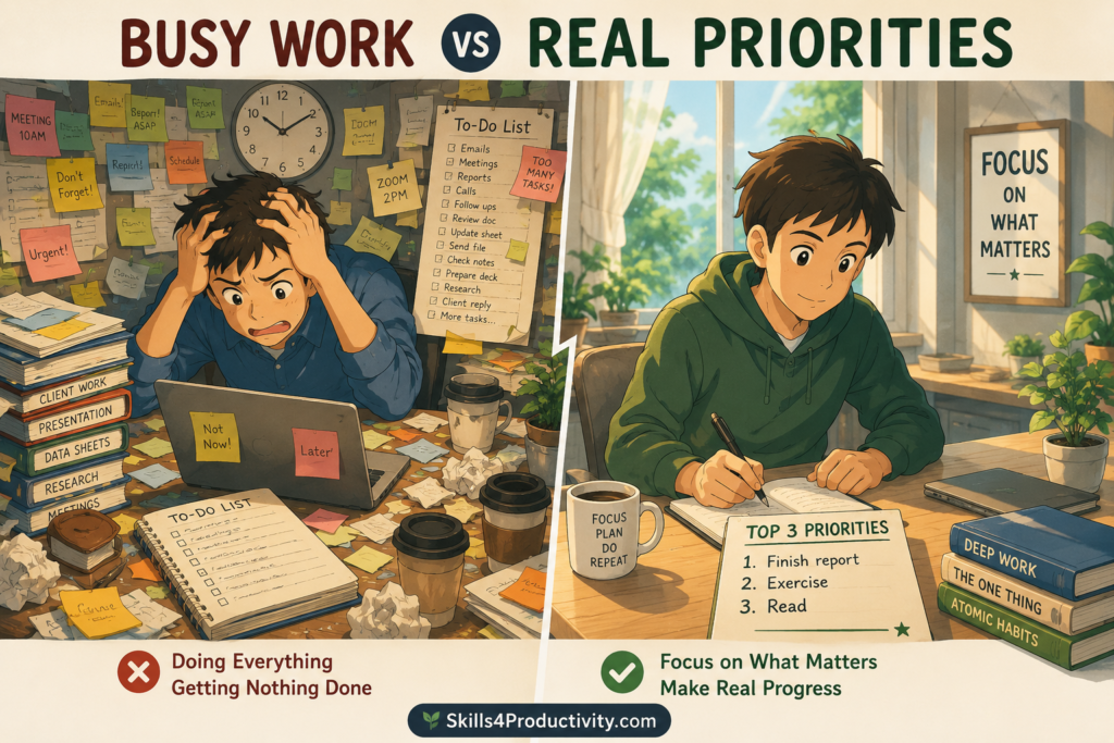 Ghibli-style illustration comparing overwhelming busy work with focused real priorities. A stressed worker surrounded by sticky notes and endless tasks contrasts with a calm workspace centered around three important priorities.