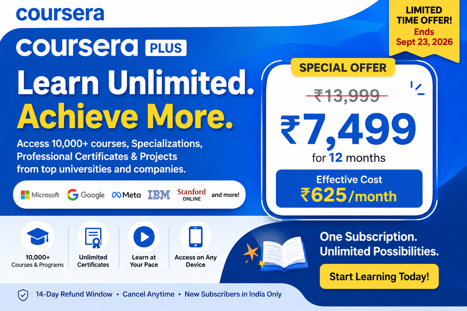 Coursera Plus India 2026 offer at ₹7,499 for 12 months with ₹625 monthly effective cost