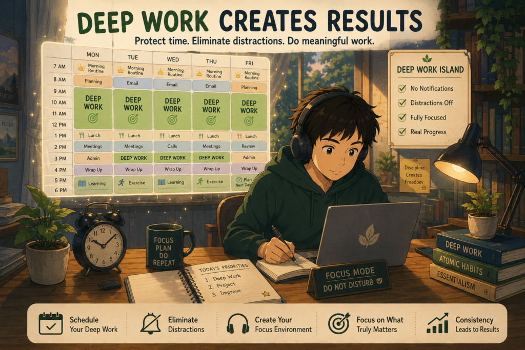 Ghibli-style illustration of a cozy workspace showing a focused person working with headphones, plants, coffee, and a calendar containing green deep work blocks. The scene represents a distraction-free environment for meaningful work.