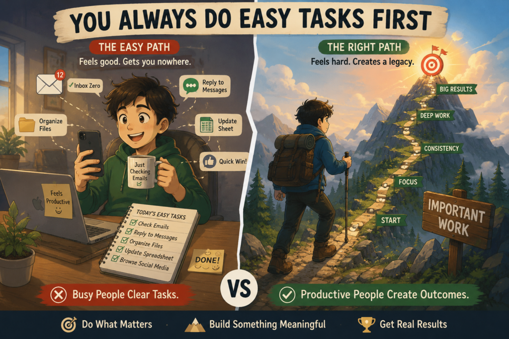 Ghibli-style illustration comparing easy tasks with meaningful work. One side shows a person happily checking emails and completing small tasks, while the other side shows a determined hiker climbing toward a mountain labeled Important Work and Big Results.