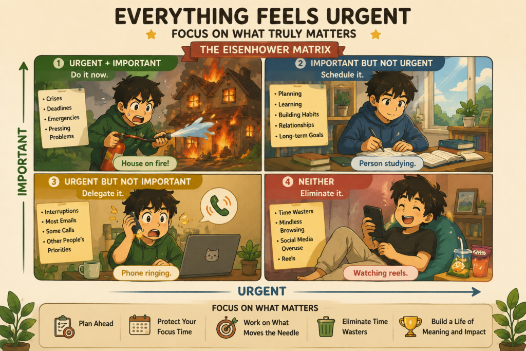Cute Ghibli-style Eisenhower Matrix illustration showing four quadrants. One scene depicts a house on fire representing urgent and important tasks, another shows a student studying for important but not urgent work, a third shows interruptions and phone calls, and the last shows someone watching reels and wasting time.