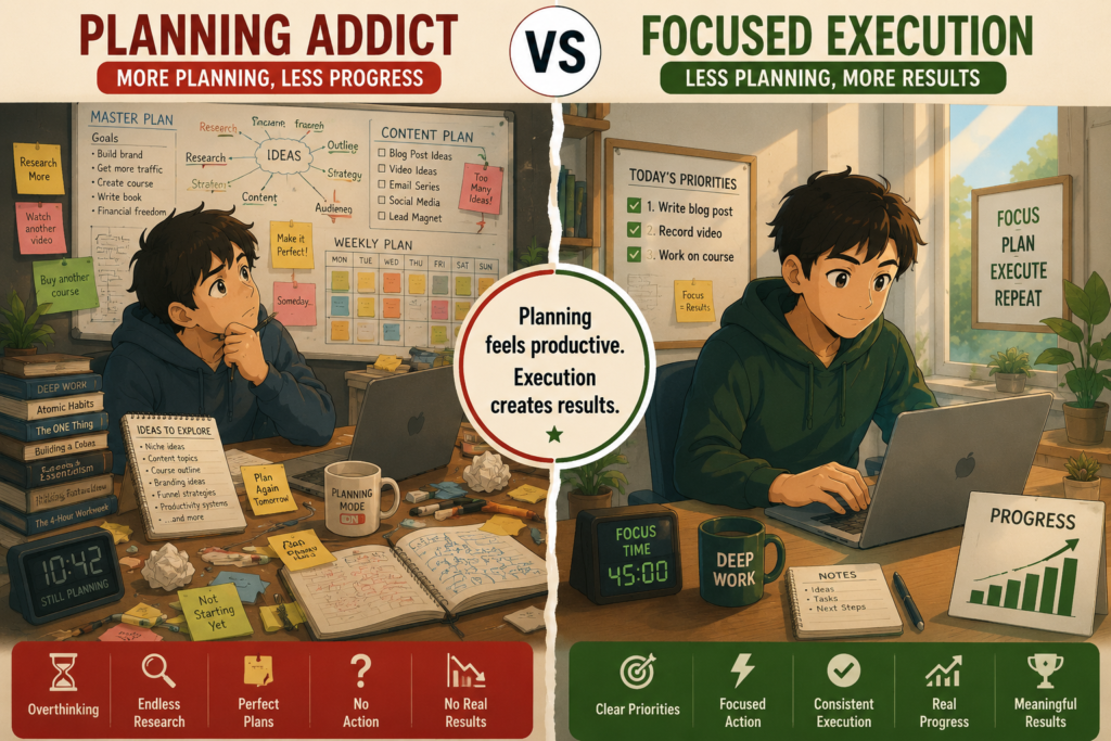 Ghibli-style split illustration comparing excessive planning with focused execution. One side shows an overwhelmed planner surrounded by notes and ideas, while the other shows a focused worker taking action and making progress.