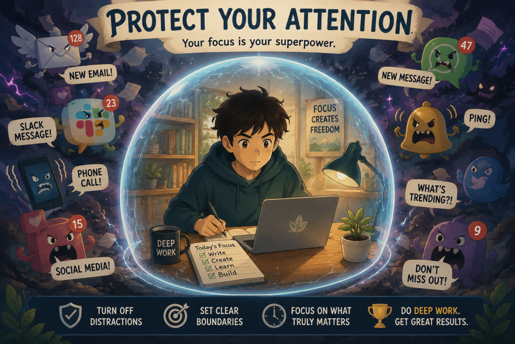 Ghibli-style illustration showing a focused worker protected inside a glowing shield while notification monsters representing emails, social media, phone calls, and messages attack from outside.