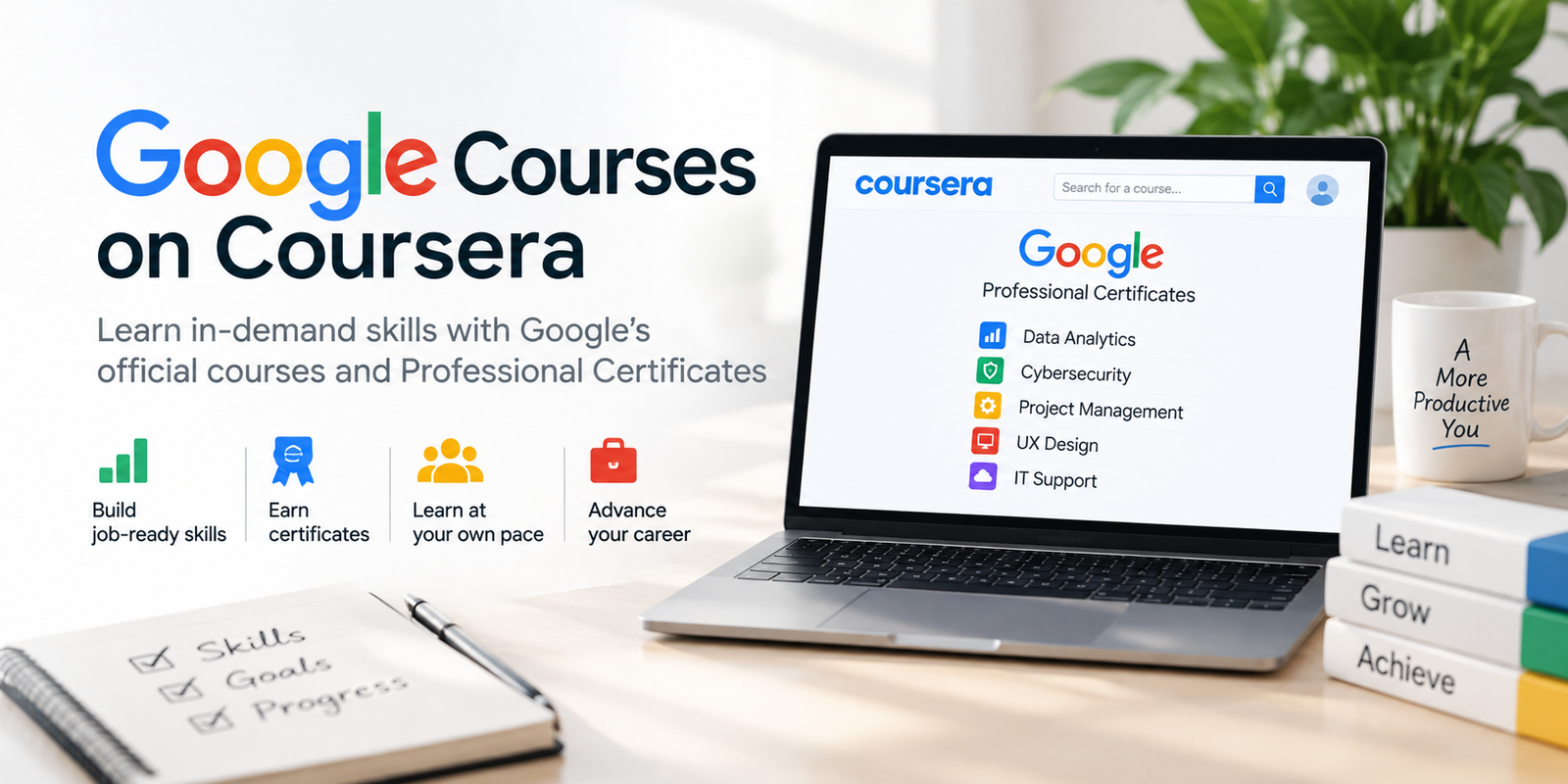 Google Courses on Coursera including Google Professional Certificates in data analytics, cybersecurity, project management, UX design, and IT support
