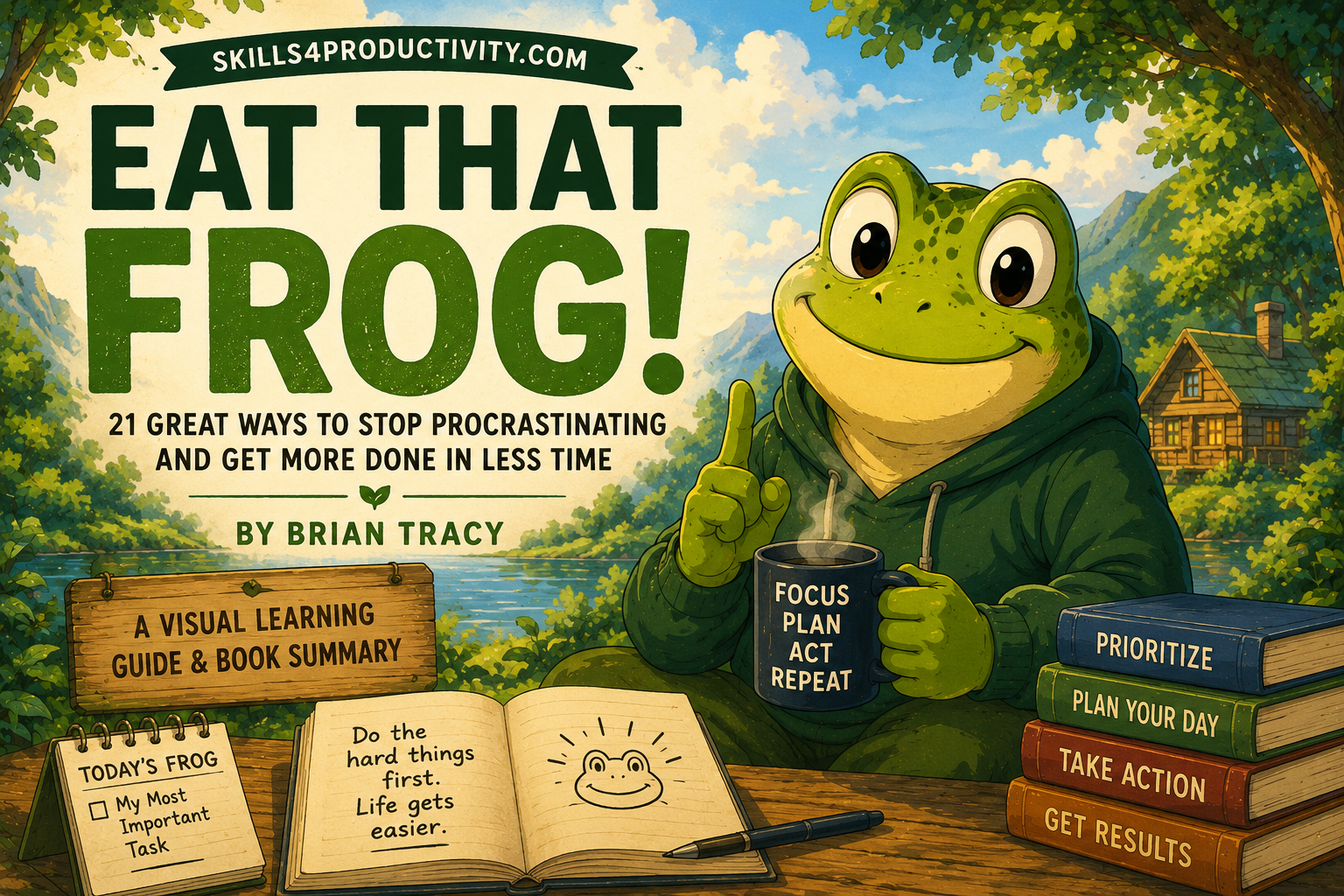 Studio Ghibli-inspired featured image for the Eat That Frog! book summary, showing Froggy with productivity books in a peaceful nature setting, representing focus, planning, and overcoming procrastination.