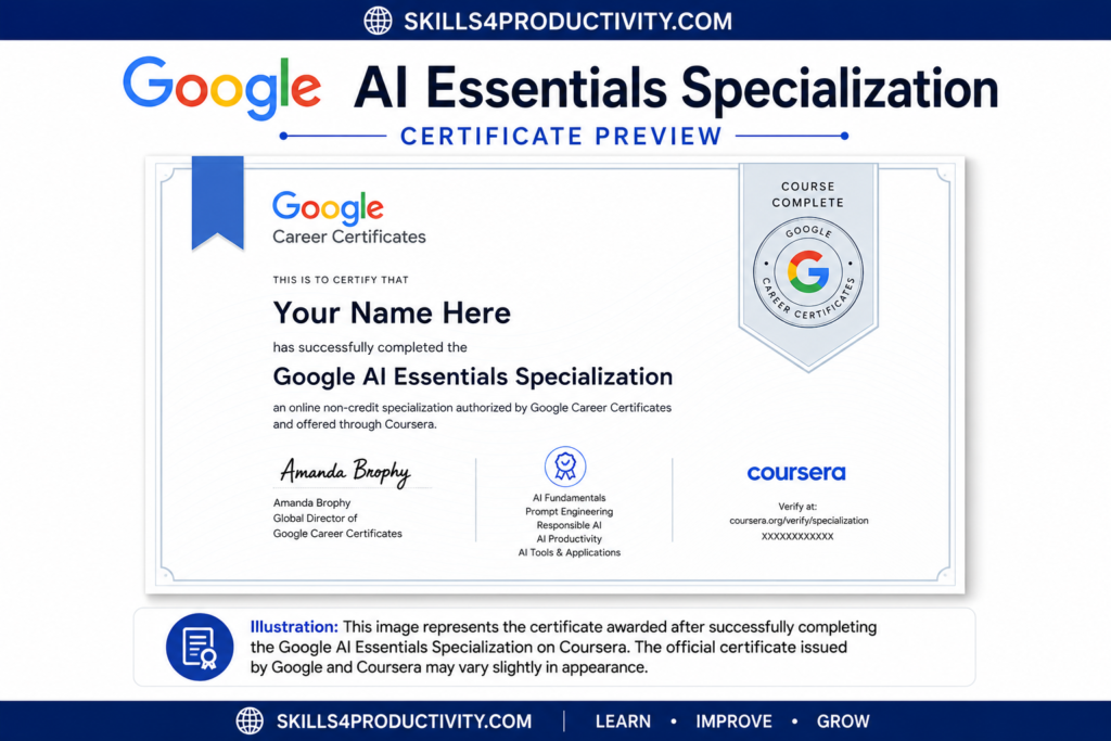 Illustration of the Google AI Essentials Specialization certificate awarded after successfully completing the program on Coursera.
