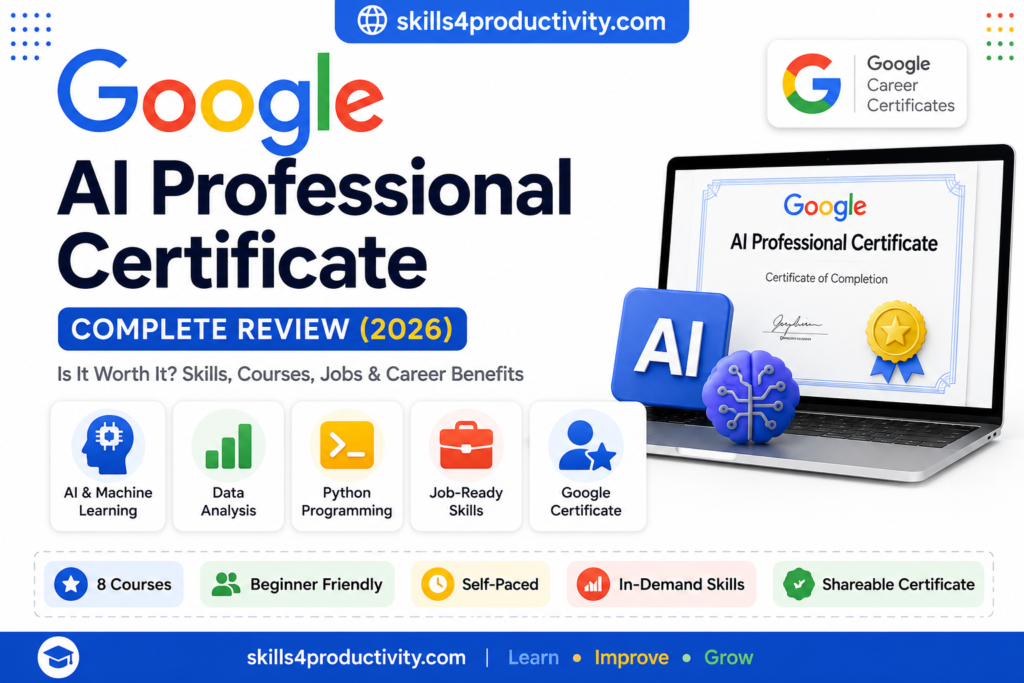Featured image for the Google AI Professional Certificate review on Coursera, highlighting AI and machine learning, data analysis, Python programming, job-ready skills, and the Google certificate.