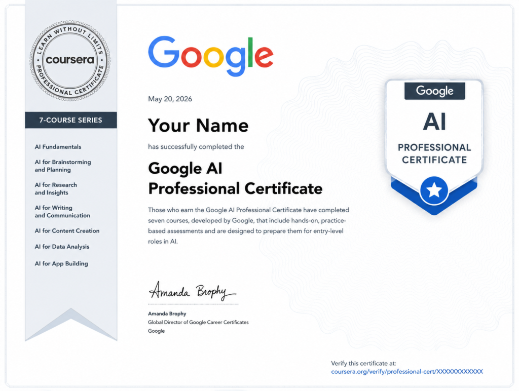 Sample Google AI Professional Certificate awarded upon completing the seven-course Google AI Professional Certificate program on Coursera.