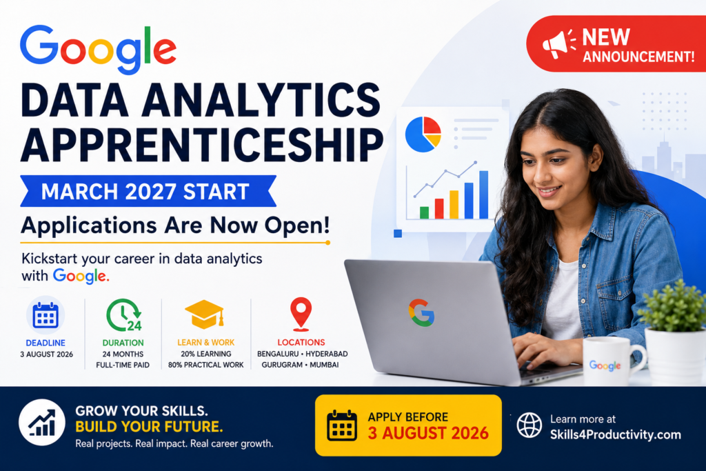 Featured image announcing Google's Data Analytics Apprenticeship 2027 with application deadline, 24-month paid program, learning and work experience, and locations across India.