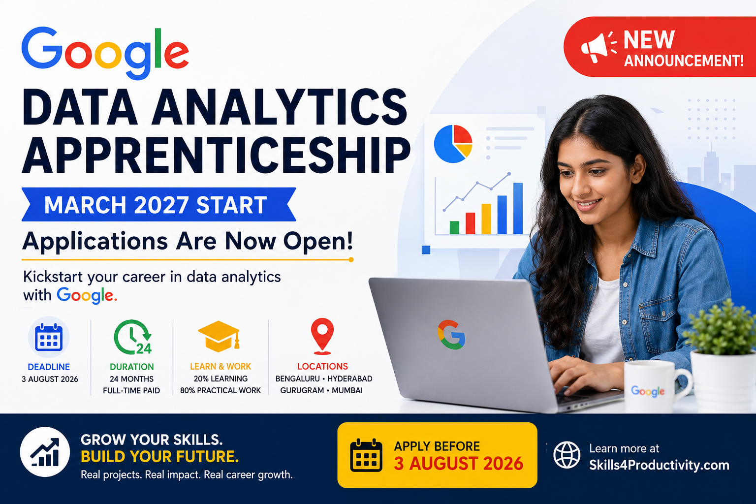 Featured image announcing Google's Data Analytics Apprenticeship 2027 with application deadline, 24-month paid program, learning and work experience, and locations across India.