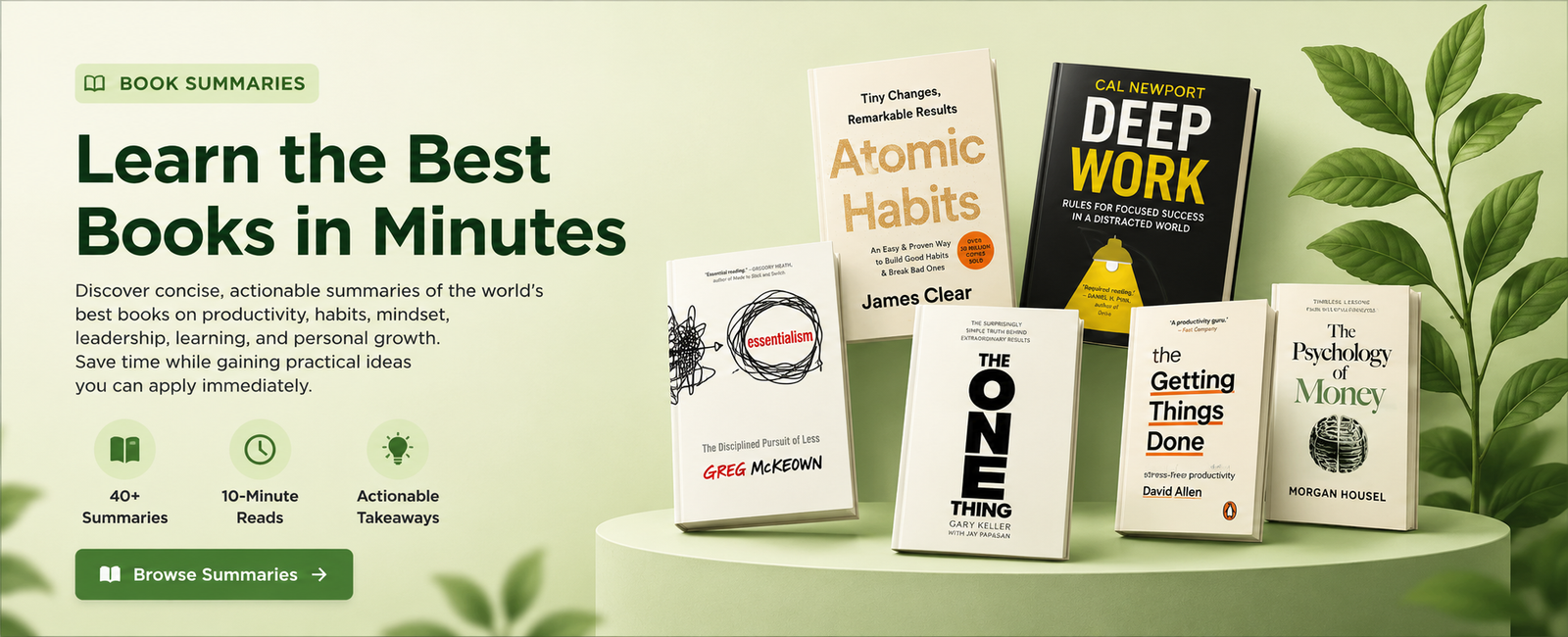 Book summaries hero banner featuring Atomic Habits, Deep Work, Essentialism, The One Thing, Getting Things Done, and The Psychology of Money
