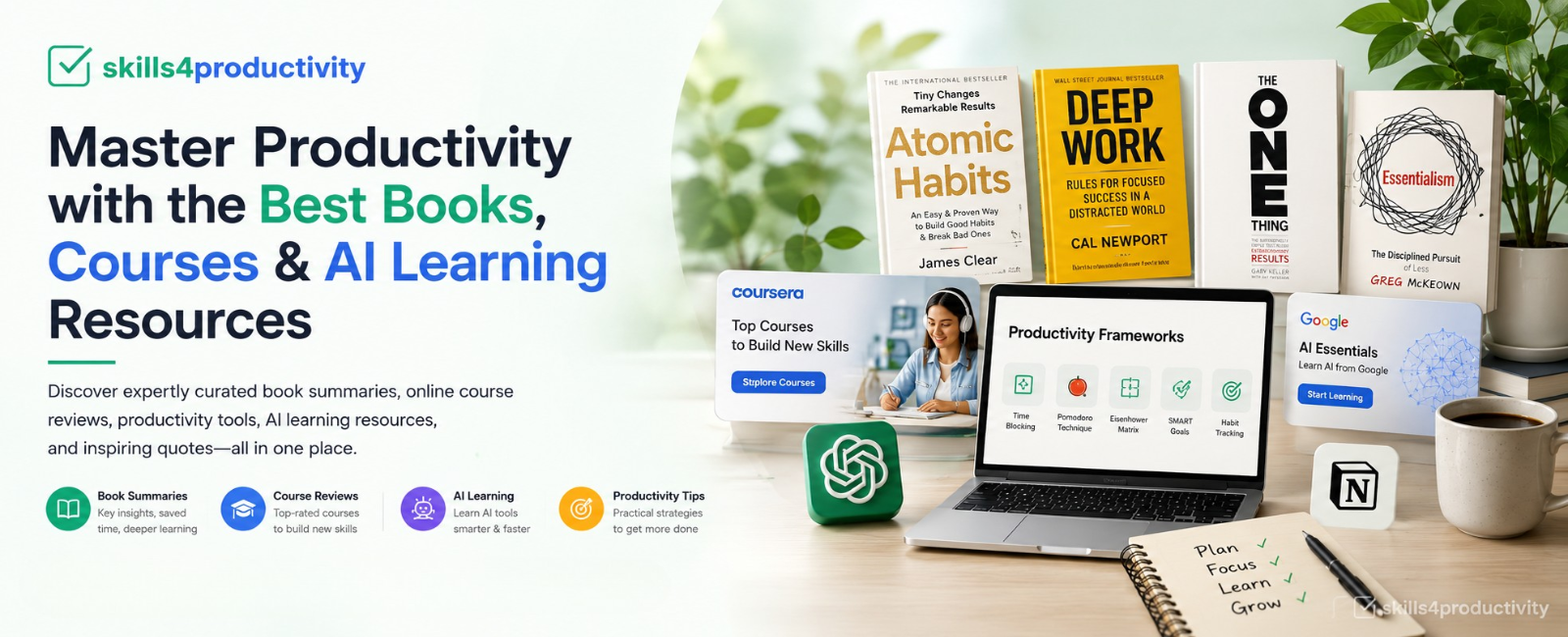 Master productivity with expert book summaries, online course reviews, AI learning resources, and productivity tools at Skills4Productivity.