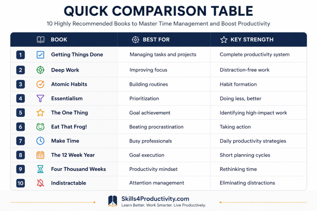 Comparison table of the 10 best time management books showing each book, its best use case, and key strength.
