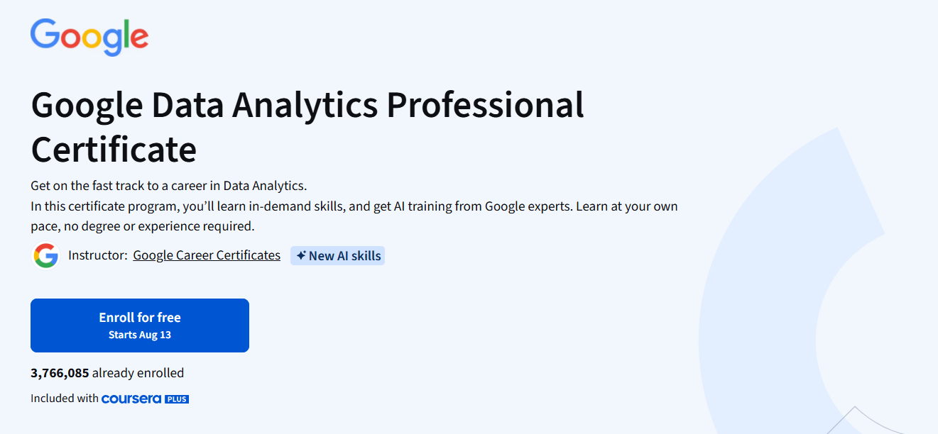Google Data Analytics Professional Certificate course page on Coursera showing the Google Career Certificates instructor, beginner-friendly program, AI training, and data analytics career focus.