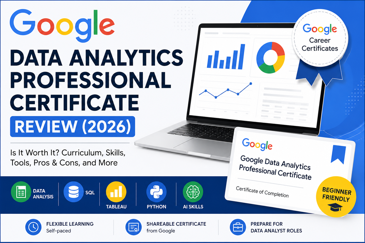 Google Data Analytics Professional Certificate Review 2026 featuring data analysis, SQL, Tableau, Python, AI skills, and Google Career Certificate