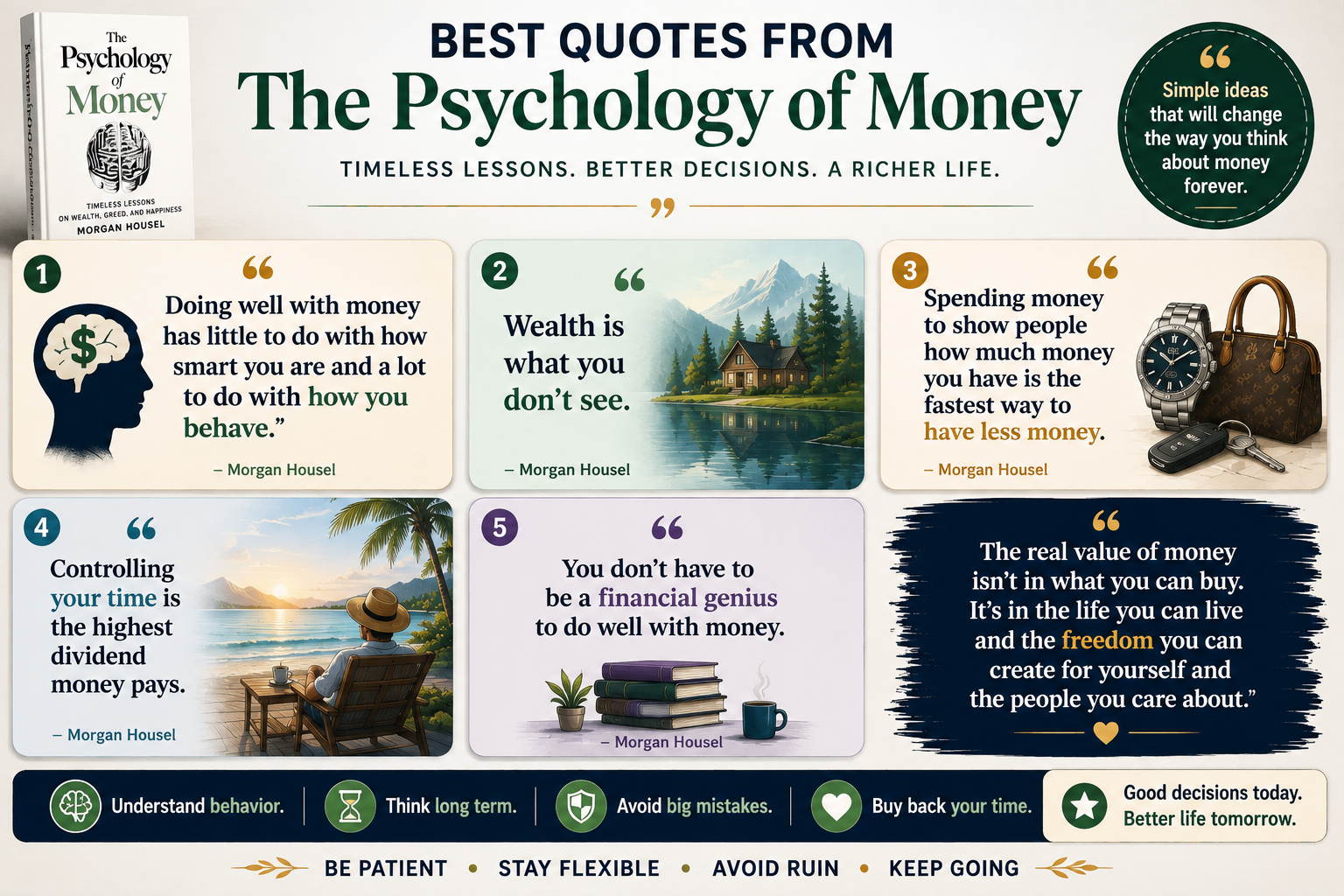 The Psychology of Money infographic featuring memorable quotes about money, behavior, wealth, spending, time, and financial freedom.