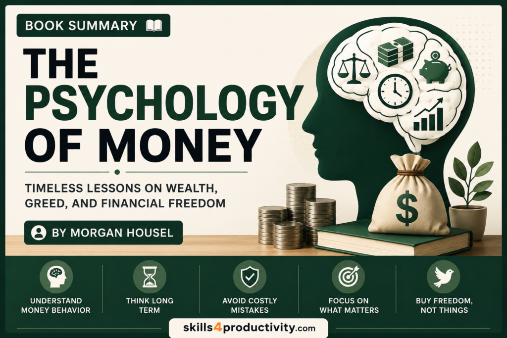 The Psychology of Money book summary by Morgan Housel featuring money, investing, wealth, financial behavior, and financial freedom concepts.
