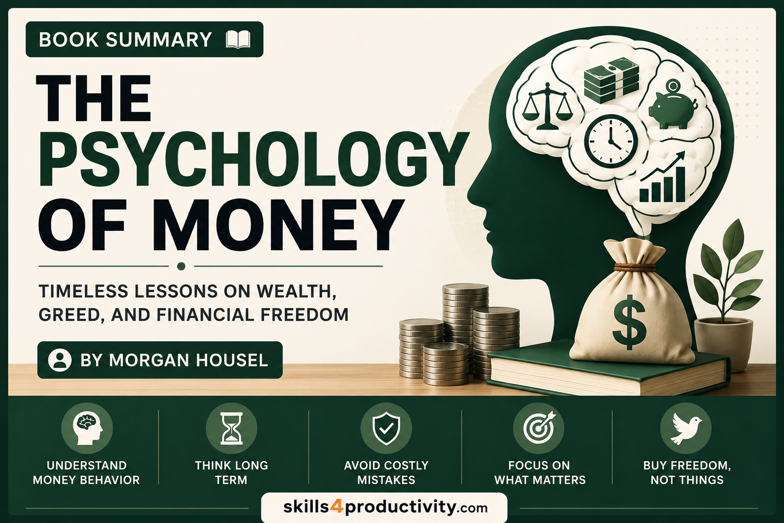 The Psychology of Money book summary by Morgan Housel featuring money, investing, wealth, financial behavior, and financial freedom concepts.