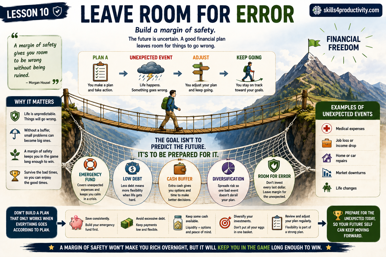 The Psychology of Money infographic showing how a financial margin of safety helps protect against unexpected expenses, income loss, market downturns, and life changes.