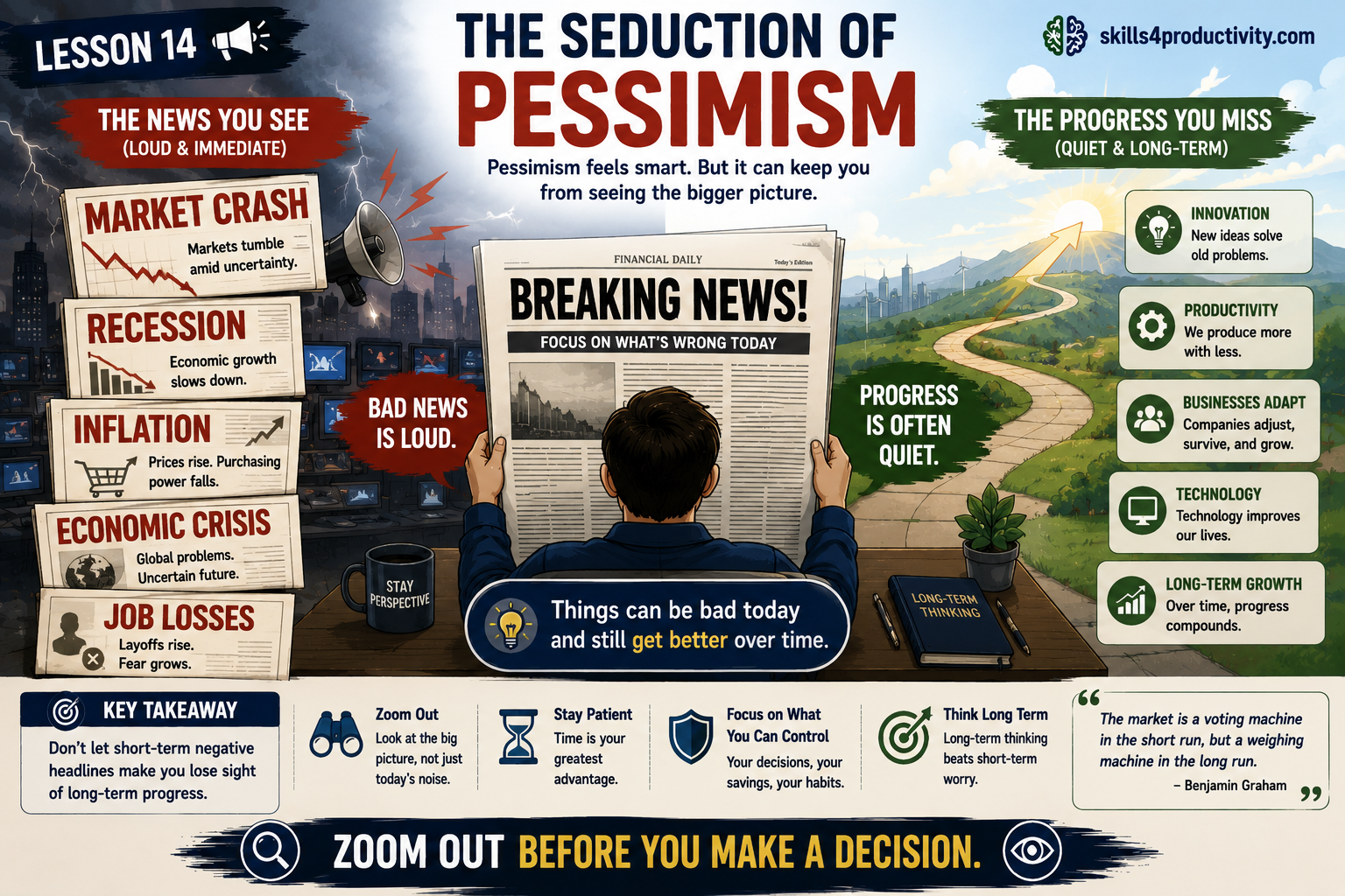 The Psychology of Money infographic contrasting loud negative financial news with quiet long-term economic progress.