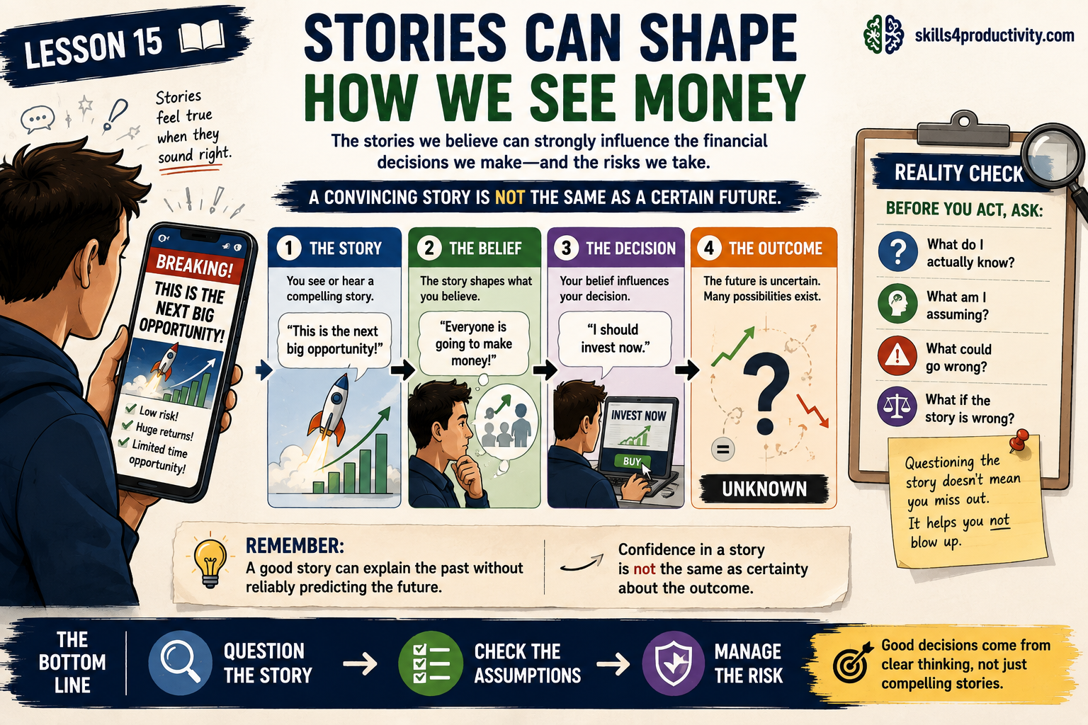 The Psychology of Money infographic showing how a financial story can influence beliefs, decisions, and uncertain outcomes.