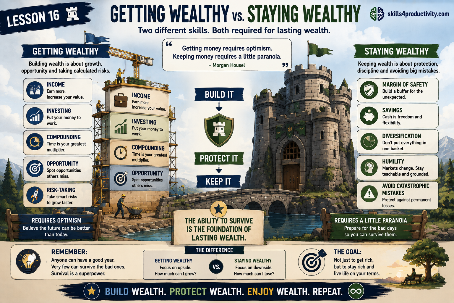 The Psychology of Money infographic comparing the skills needed to build wealth with the habits needed to protect and keep wealth.