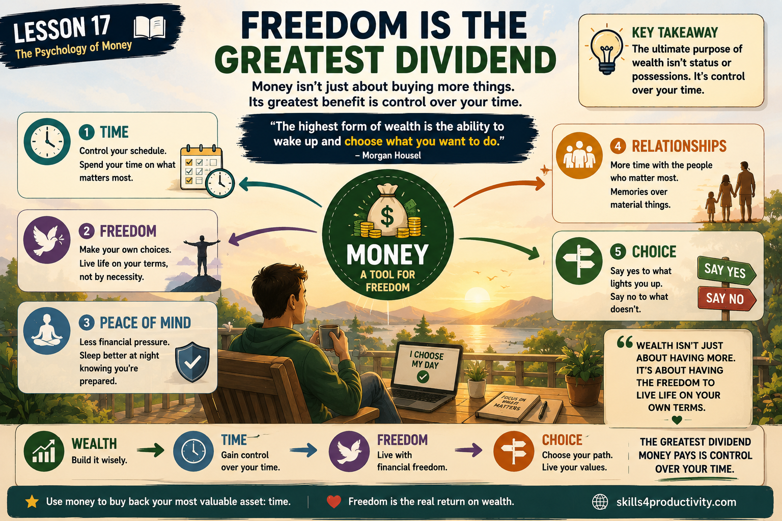 The Psychology of Money infographic showing how money can provide time, freedom, peace of mind, relationships, and greater control over life choices.