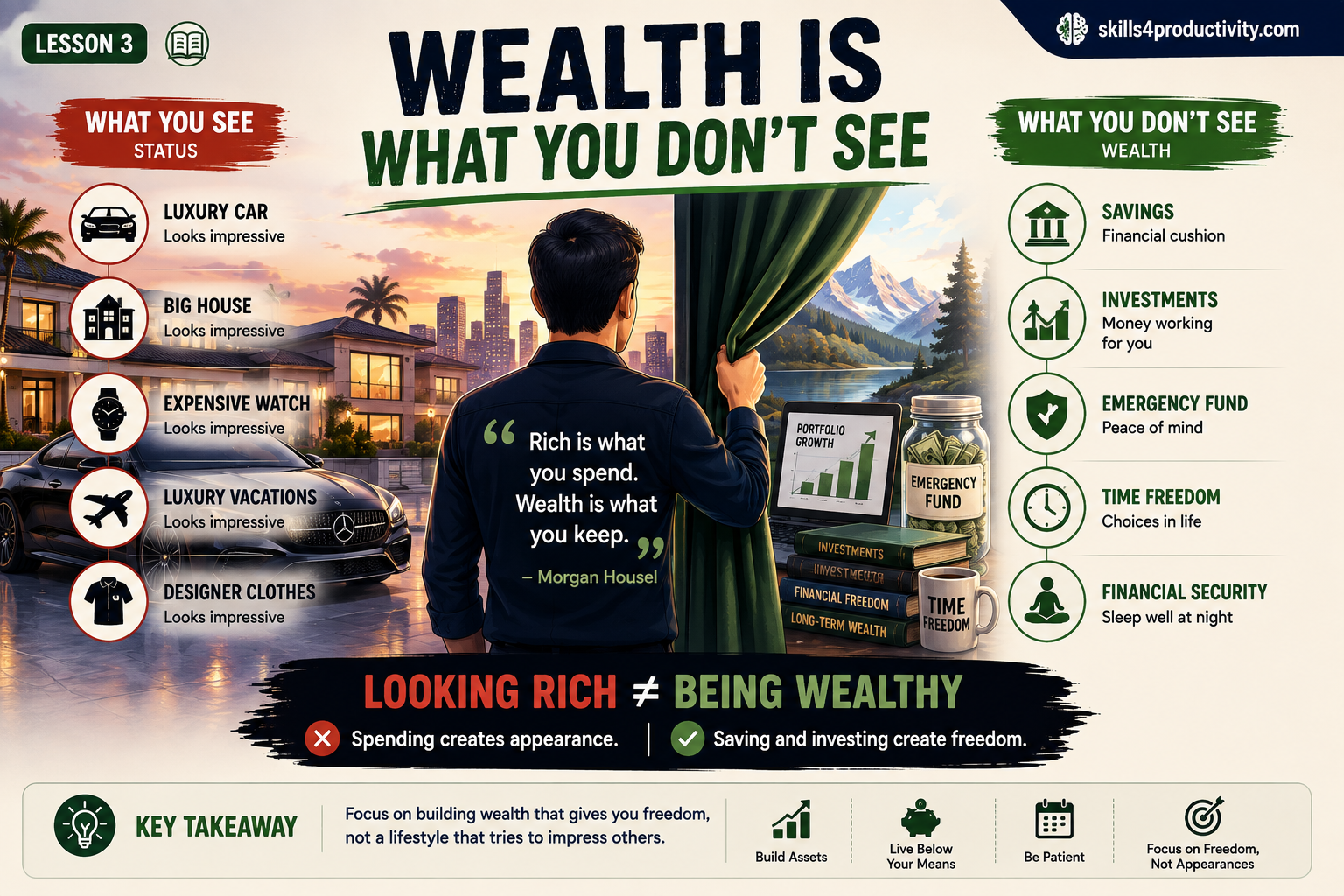 The Psychology of Money infographic comparing visible signs of status with hidden wealth such as savings, investments, financial security, and time freedom.