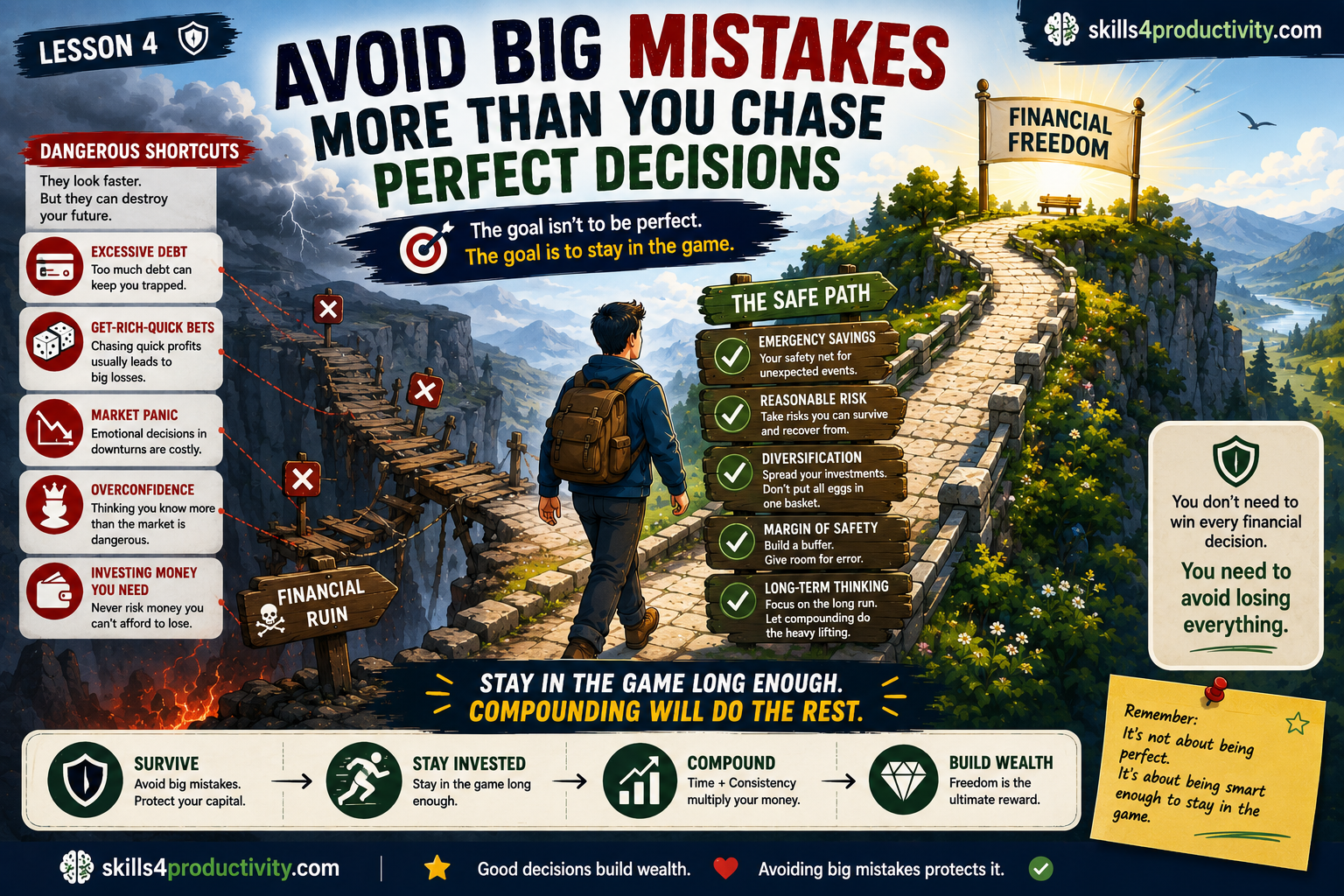 The Psychology of Money infographic showing how avoiding excessive debt, risky bets, panic, and overconfidence helps protect long-term wealth.