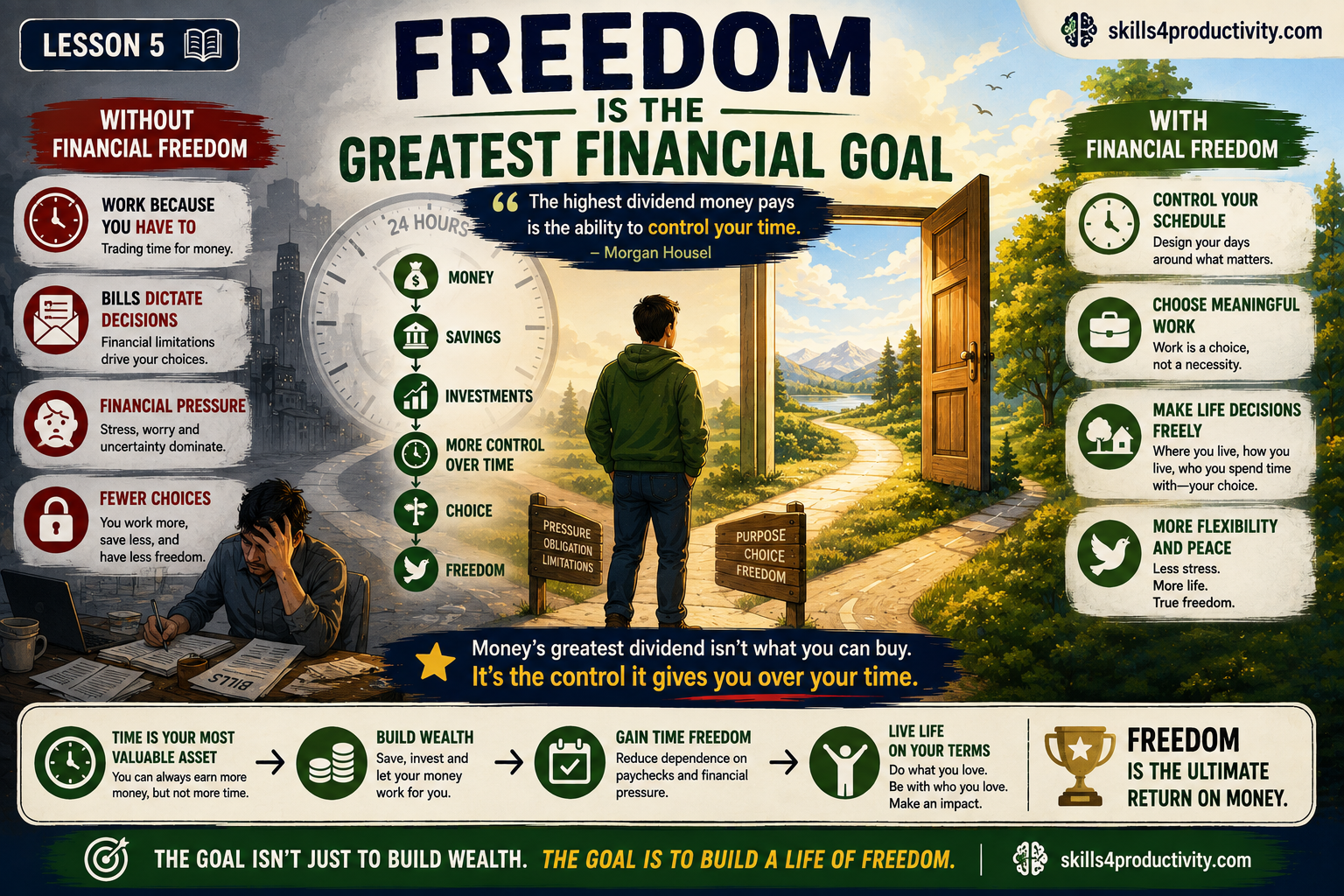The Psychology of Money infographic showing how money, savings, and investments can lead to greater control over time, choice, and financial freedom.