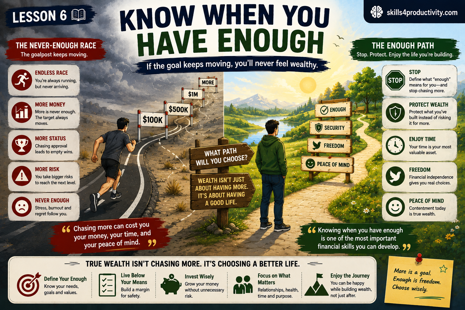 The Psychology of Money infographic comparing the endless pursuit of more money and status with the financial freedom and peace of knowing when you have enough.
