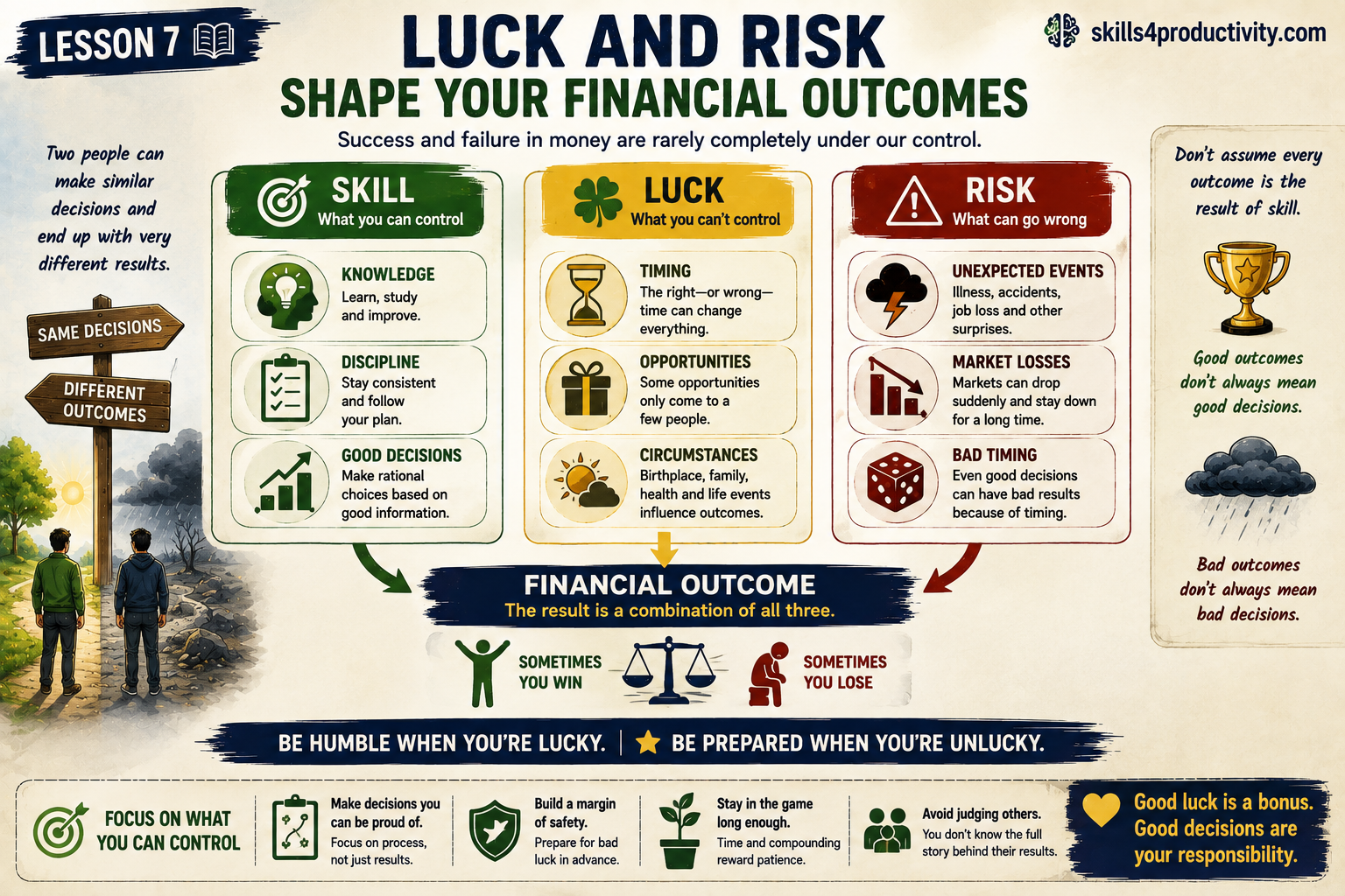 The Psychology of Money infographic showing how skill, luck, and risk combine to influence financial outcomes.