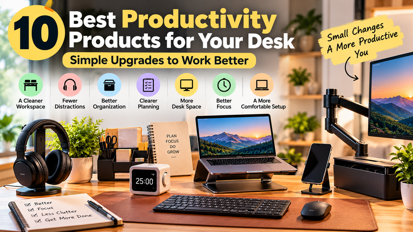 10 best productivity products for your desk including a laptop stand, headphones, Pomodoro timer, keyboard and desk organizer
